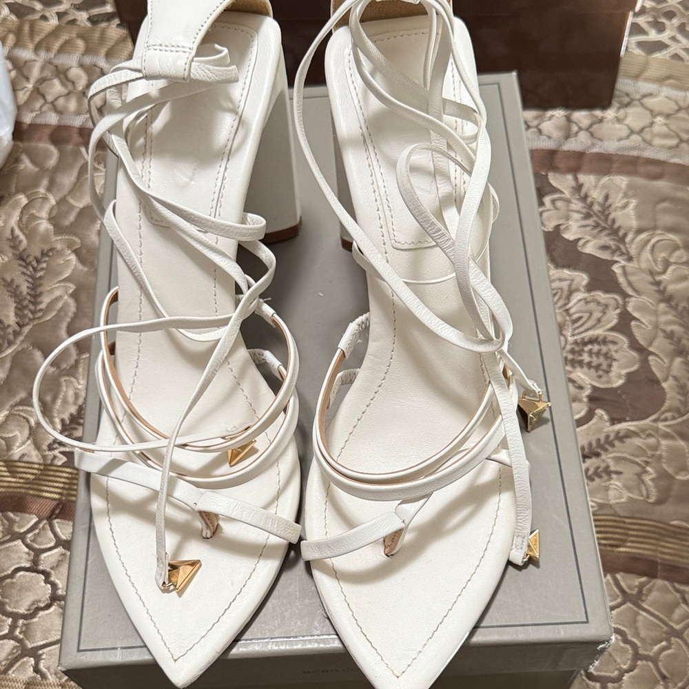 SCHUTZ White Lace-Up Pointed Toe Heels with Gold Accents
